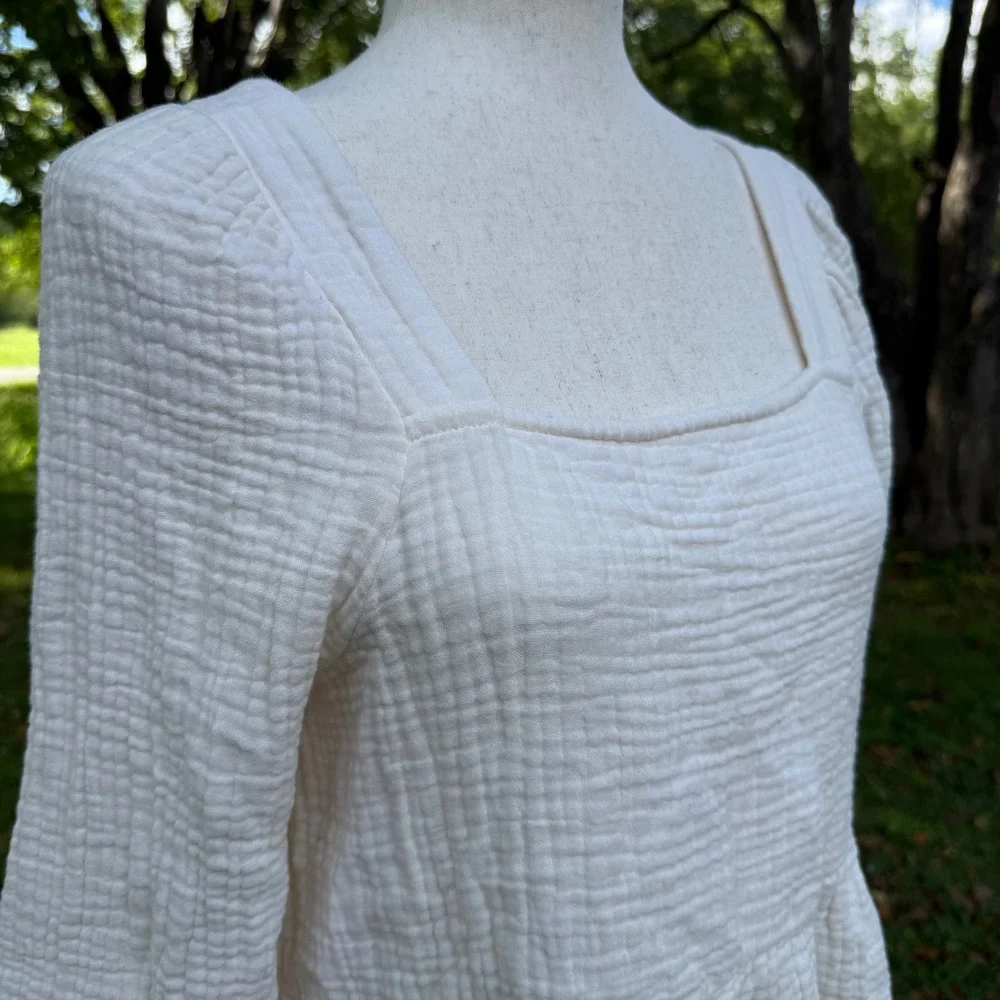 Madewell Women Cream Double Gauze Cotton Peplum Top Square Neck Long Sleeve M